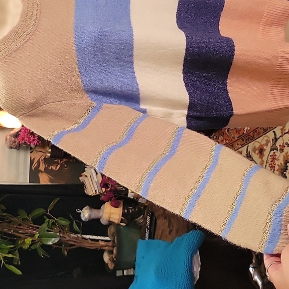 KAFFE Sweater L Blue White Cream Pink Stripes - Picture 3 of 13